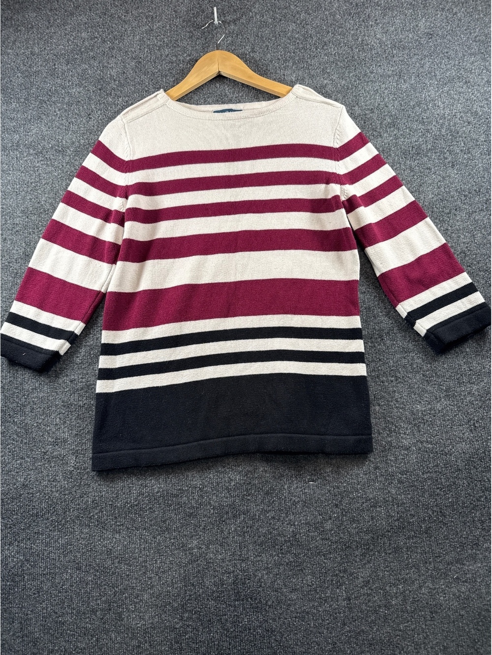 Karen Scott Womens M Striped Cotton Sweater Burgundy Black Ivory 3/4 Sleeve